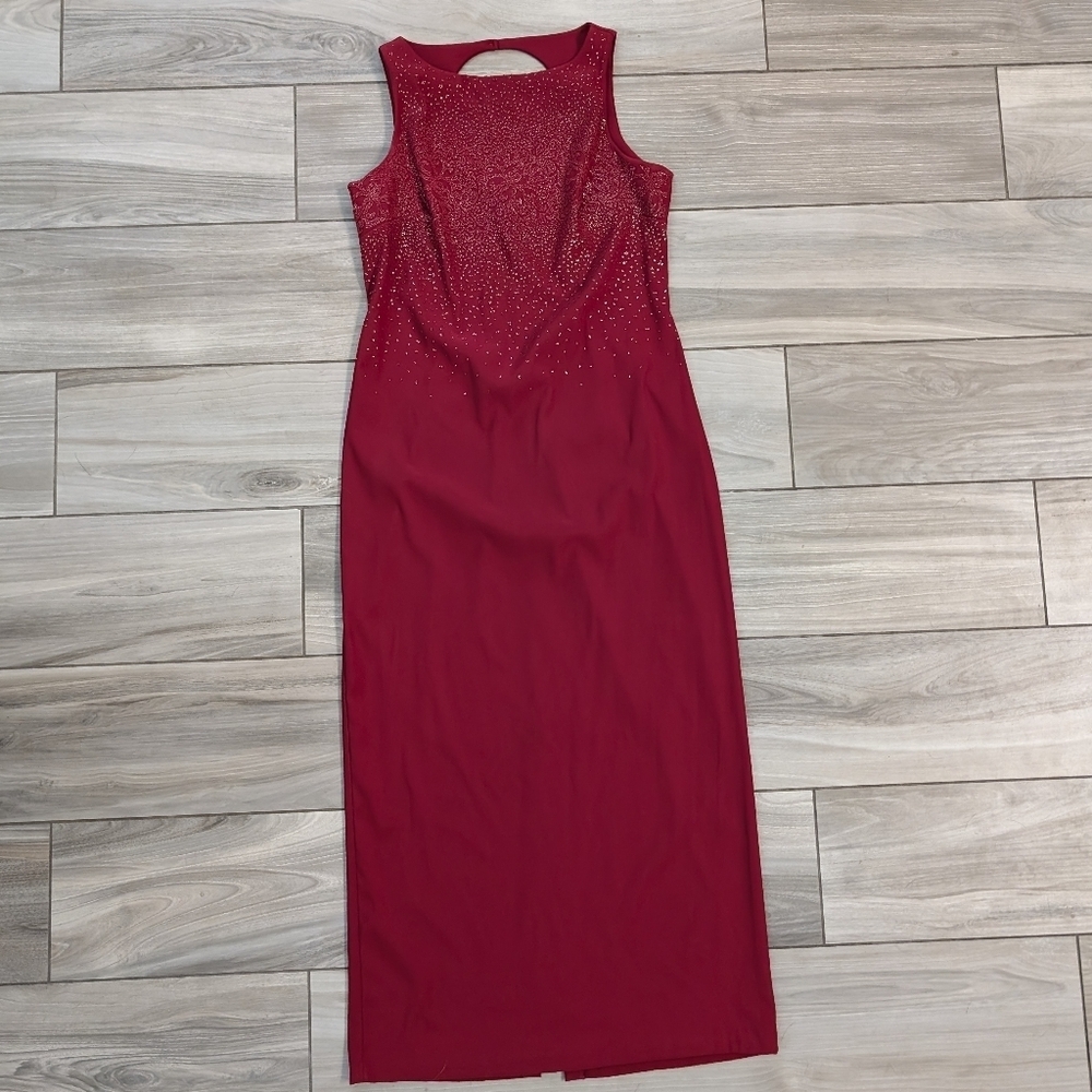 🥁 CDC Long Formal Beaded Dress in Deep Red with Rhinestones
